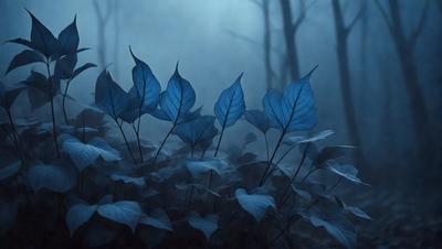 The primary subject of the image is a group of blue leaves, which are the main objects in the scene. The leaves are arranged in a forest-like setting, with a dark blue background that adds to the overall mood of the image. The visual style of the image is a combination of photo and digital art, creating a unique and artistic representation of the blue leaves. The colors and mood of the image are predominantly dark and moody, with the blue leaves standing out against the dark blue background.