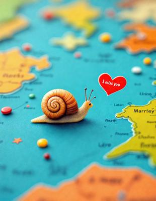Primary subject: A snail with a heart on its back.
Setting/background: A map with various countries and landmarks.
Visual style: Digital art.
Colors and mood: The snail is brown and red, and the heart is red. The overall atmosphere is playful and whimsical.