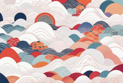 The primary subject of the image is a colorful, abstract painting featuring a variety of shapes and colors. The setting is a cloudy sky, which serves as the backdrop for the painting. The visual style is a mix of digital art and illustration, creating a unique and vibrant atmosphere. The dominant colors in the painting are red, blue, and orange, which contribute to the overall mood of the artwork.