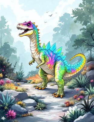 Primary subject: A colorful, rainbow-colored dinosaur with a long neck and a mouth full of teeth.

Setting/background: The dinosaur is standing in a forest, surrounded by trees and rocks.

Visual style: The image is a digital art or illustration, featuring a vibrant and lively color palette.

Colors and mood: The dominant colors are green, pink, yellow, and blue, creating a cheerful and lively atmosphere.