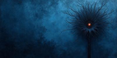 The primary subject of the image is a close-up of a blue eye, which appears to be a part of a larger, possibly surreal or fantastical, scene. The setting is a dark, blue background, which contrasts with the eye's vibrant color. The visual style is a combination of digital art and illustration, creating a surreal and intriguing atmosphere. The dominant colors are blue and black, with the eye being the most prominent and eye-catching element in the image.