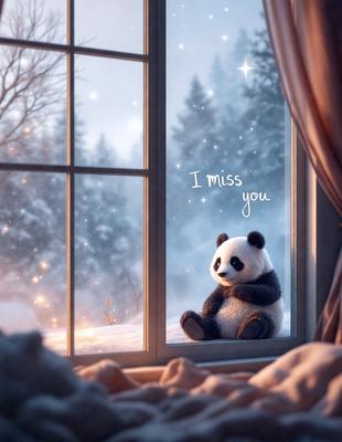 The primary subject of the image is a panda bear sitting in a window, looking out at the snowy landscape. The setting is a winter scene with snow covering the ground outside the window. The visual style is a digital art or illustration, creating a warm and cozy atmosphere. The colors are predominantly white and gray, with the panda bear being black and white.