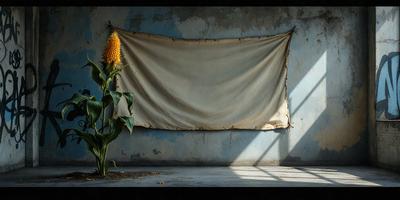 The primary subject of the image is a large, yellow flower, which is prominently displayed in the foreground. The setting is a room with a blue wall, and the visual style appears to be a photo. The dominant colors in the image are blue and yellow, creating a calm and serene atmosphere.