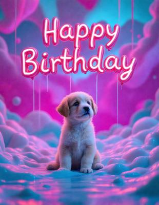 The image features a small, cute dog sitting on a pink surface, which appears to be a cloud. The dog is looking at the camera, and the scene is set in a pink and purple environment. The visual style of the image is a combination of photo and digital art, creating a unique and eye-catching scene. The dominant colors in the image are pink and purple, giving it a warm and cheerful atmosphere.