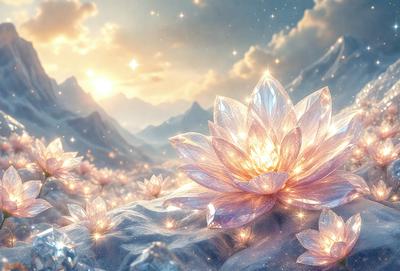 The primary subject of the image is a beautifully rendered purple flower with a yellow center, surrounded by a snowy mountain landscape. The flower is the focal point of the scene, and it is set against a backdrop of a mountain range. The visual style of the image is a combination of photo and digital art, creating a stunning and realistic representation of the flower and its surroundings. The colors in the image are predominantly purple and white, with the yellow center of the flower adding a pop of color.