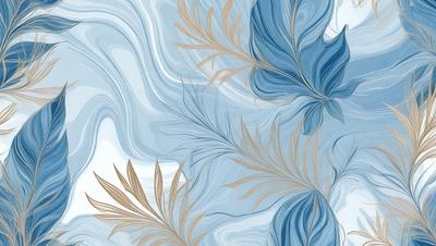 The primary subject of the image is a blue and gold leaf pattern. The setting is a blue and white background, which creates a visually appealing contrast with the leaf pattern. The visual style is a combination of digital art and illustration, giving the image a unique and artistic appearance. The dominant colors are blue and gold, creating a sense of tranquility and elegance.