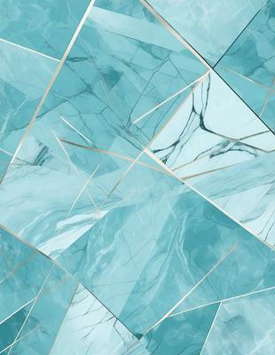 The primary subject of the image is a blue marble wall with a pattern of white and blue diamond shapes. The setting is a room with a blue marble floor, and the visual style is a combination of digital art and illustration. The dominant colors are blue and white, creating a calm and serene atmosphere.