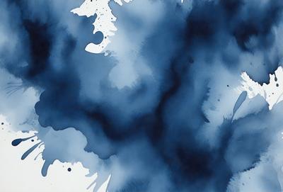 The primary subject of the image is a blue and white painting of a cloudy sky. The setting is a blue background, and the visual style appears to be a watercolor painting. The colors and mood of the painting are predominantly blue and white, creating a serene and calming atmosphere.