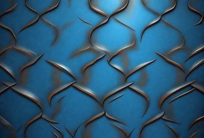 The primary subject of the image is a blue background with a pattern of curved lines. The setting appears to be a wall or a surface with a metallic texture. The visual style of the image is a combination of digital art and illustration, creating a unique and intricate design. The dominant colors in the image are blue and silver, giving the scene a modern and sophisticated atmosphere.