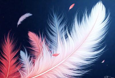 The primary subject of the image is a close-up of a pink and white feather. The setting is a dark background, which contrasts with the vibrant colors of the feather. The visual style is a digital art or illustration, as the feather appears to be a part of a larger pattern or design. The dominant colors are pink and white, creating a warm and inviting atmosphere.