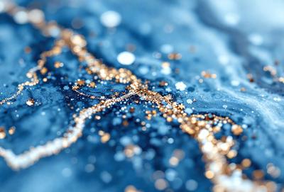 The primary subject of the image is a blue background with gold glittery specks or sparkles. The setting appears to be a dark blue surface, possibly a wall or a piece of fabric. The visual style of the image is a combination of a photo and digital art, as it features a close-up of the blue background with gold sparkles. The colors and mood of the image are predominantly dark blue and gold, creating a sense of depth and a visually appealing contrast between the dark background and the sparkling gold