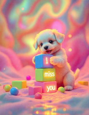The image features a small white puppy standing on a pink surface, which appears to be a bed. The puppy is holding up a block with the words "I miss you" written on it. The scene is adorable and heartwarming, showcasing the puppy's playful nature and the sentimental message it conveys.