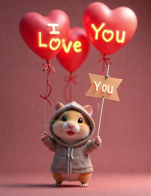 The primary subject of the image is a small toy hamster holding a sign that reads "I love you." The setting is a pink background, and the visual style appears to be a digital art or illustration. The dominant colors are pink and red, creating a warm and affectionate atmosphere.