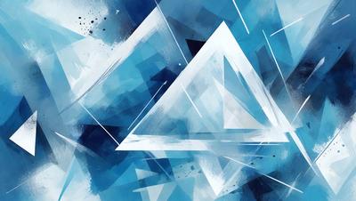The primary subject of the image is a blue and white geometric shape, which appears to be a triangle. The setting is a blue background, and the visual style is a combination of digital art and illustration. The dominant colors are blue and white, creating a calm and soothing atmosphere.