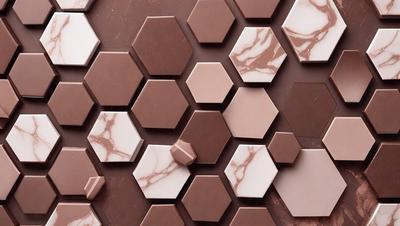 The primary subject of the image is a pattern of brown and white tiles. The setting is a wall with a marbled texture, which adds to the visual style. The image appears to be a photo of the tiled wall, showcasing the intricate design of the tiles. The colors and mood of the image are predominantly brown and white, creating a sense of elegance and sophistication.