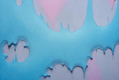 The primary subject of the image is a blue surface with a pattern of dripping paint. The setting is a room with a blue wall, and the visual style appears to be a combination of a photo and digital art. The colors and mood of the image are predominantly blue, creating a calm and serene atmosphere.