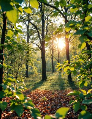 Primary subject: Trees
Setting/background: Forest
Visual style: Photo
Colors and mood: Green, sunny, and serene