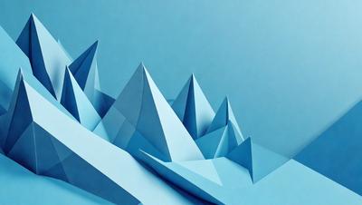 The primary subject of the image is a large blue mountain made of paper. The setting is a blue background, which creates a striking contrast with the paper mountain. The visual style is a combination of digital art and illustration, as the paper mountain is intricately crafted and detailed. The colors and mood of the image are predominantly blue, giving it a calm and serene atmosphere.