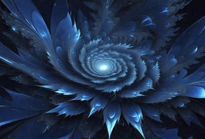 The primary subject of the image is a blue and purple flower with a spiral pattern. The flower is the focal point of the scene, and it is set against a blue background. The visual style of the image is digital art, as it appears to be a computer-generated or digitally edited image. The dominant colors in the image are blue and purple, creating a calming and serene atmosphere.