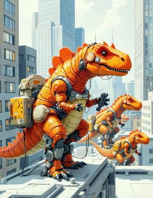 The primary subject of the image is a large orange dinosaur with a backpack on its back. The dinosaur is standing on a rooftop, and it appears to be a cartoon or illustration. The setting is an urban environment, with a cityscape visible in the background. The visual style is a combination of photo and digital art, creating a unique and eye-catching scene. The colors and mood of the image are vibrant and lively, with the orange dinosaur being the foc