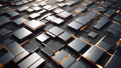 The primary subject of the image is a pattern of square tiles, which are arranged in a visually appealing manner. The setting is a black background, which contrasts with the tiles, making them stand out. The visual style of the image is a combination of photo and digital art, as it appears to be a close-up of the tiles, yet the arrangement and contrast are well-executed. The colors and mood of the image are predominantly black and white, giving it a modern and minimalist feel.