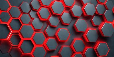 The primary subject of the image is a large, red and black patterned wall. The setting is a room with a black background, and the visual style appears to be a combination of digital art and illustration. The dominant colors are red and black, creating a bold and striking appearance. The pattern on the wall is made up of hexagons, giving the wall a unique and intricate design.