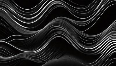 The primary subject of the image is a series of curved lines, which are part of a pattern. The setting is a black background, and the visual style appears to be a combination of digital art and illustration. The dominant colors are silver and black, creating a sleek and modern atmosphere.