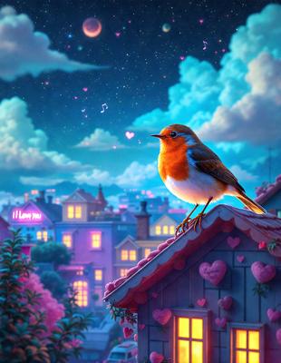 The primary subject of the image is a small bird perched on the edge of a roof. The bird is looking up, possibly observing the night sky. The setting is a cityscape with a variety of buildings, including a house with a heart-shaped roof. The visual style is a digital art or illustration, creating a whimsical and charming atmosphere. The colors are predominantly pink, which adds a sense of warmth and romance to the scene.