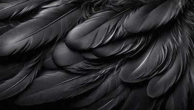 The primary subject of the image is a close-up of a black bird's wing. The setting is a black background, which emphasizes the bird's wing and its feathers. The visual style is a black and white photo, which adds a classic and timeless feel to the image. The dominant colors are black and white, creating a moody and dramatic atmosphere.