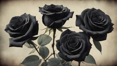 The primary subject of the image is a bouquet of four black roses. They are arranged in a vase, with each rose being distinct from the others. The setting is a close-up of the bouquet, showcasing the details of the flowers. The visual style is a realistic representation of the flowers, with no indication of digital art or illustration. The colors and mood of the image are predominantly dark, with the black roses being the focal point.