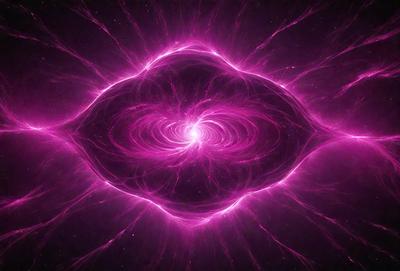 The primary subject of the image is a large, pink, swirling mass that resembles a galaxy or a nebula. The setting is a dark, starry background, which contrasts with the bright pink swirls. The visual style is a combination of digital art and illustration, creating a unique and captivating scene. The colors and mood of the image are predominantly pink, which gives it a warm and inviting atmosphere.