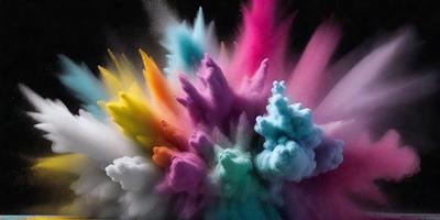 The primary subject of the image is a colorful, swirling cloud of paint, which appears to be a mix of blue, pink, yellow, and green. The setting is a black background, which contrasts with the vibrant colors of the cloud. The visual style of the image is a combination of digital art and illustration, creating a dynamic and artistic representation of the cloud. The dominant colors of the image are blue, pink, yellow, and green, which evoke a sense of energy and creativity.