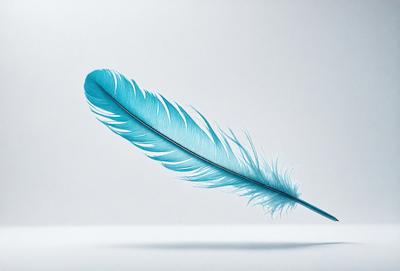 The primary subject of the image is a blue feather, which is the main object in the scene. The feather is placed on a white surface, creating a striking contrast between the blue and white colors. The visual style of the image is a close-up of the feather, showcasing its intricate details. The overall atmosphere of the image is serene and elegant, with the blue feather serving as a focal point against the white background.