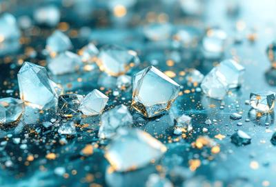 The primary subject of the image is a close-up of a blue background with a scattering of blue and gold glittering crystals. The setting appears to be a dark blue surface, possibly a wall or a table. The visual style of the image is a combination of a photo and digital art, creating a unique and eye-catching effect. The colors and mood of the image are predominantly blue and gold, with the glittering crystals adding a touch of sparkle and brightness to the overall atmosphere