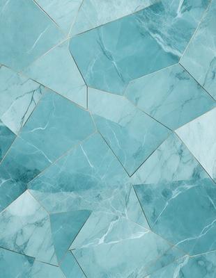 The primary subject of the image is a blue marble tile with a pattern of triangles. The setting is a bathroom, and the visual style is a close-up of the tile. The dominant colors are blue and white, creating a calm and soothing atmosphere.