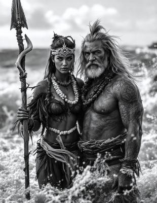 The primary subject of the image is a man and a woman standing together in a water-filled environment. The man is wearing a beard and has a tattoo on his arm. The woman is wearing a necklace and appears to be a mermaid. The setting is a beach, with waves visible in the background. The visual style of the image is a black and white photo, giving it a classic and timeless feel. The dominant colors are black, white, and shades of gray, creating a moody and