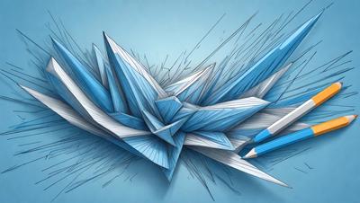 The primary subject of the image is a blue and white artwork, possibly a painting or drawing, featuring a blue background. The artwork is composed of multiple blue and white shapes, which are arranged in a visually appealing manner. The setting appears to be a studio or workspace, as there are two pencils placed nearby, one on the left side and the other on the right side of the artwork. The visual style of the image suggests that it is a digital artwork or a hand-drawn illustration, with