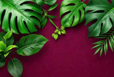 The primary subject of the image is a large green leaf, which is prominently displayed in the foreground. The leaf is positioned on a red background, creating a striking contrast between the green and red colors. The visual style of the image is a close-up of the leaf, showcasing its intricate details. The overall atmosphere of the image is vibrant and lively, with the green leaf serving as the focal point.