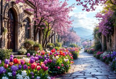 The primary subject of the image is a beautifully arranged garden with a variety of flowers, including tulips and cherry blossoms. The setting is a narrow alleyway between buildings, creating a serene and picturesque atmosphere. The visual style is a combination of photo and digital art, resulting in a vibrant and lively scene. The dominant colors are pink, white, and purple, which contribute to the overall mood of the image, evoking feelings of warmth, tranquility, and natural beauty