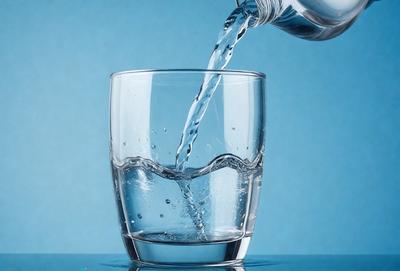 The primary subject of the image is a glass filled with water. The glass is placed on a table, and the water is being poured into it. The setting is a room with a blue background, and the visual style is a photo. The colors in the image are predominantly blue, and the atmosphere is calm and serene.