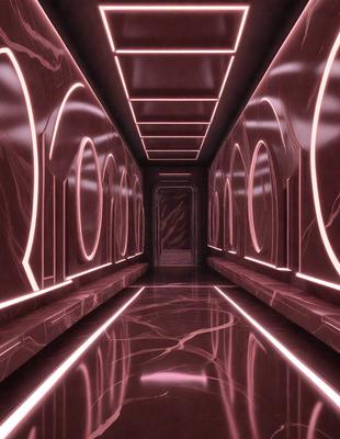 The primary subject of the image is a long, narrow hallway with a red marble floor. The setting is a futuristic environment, possibly a space station or a high-tech building. The visual style is a combination of photo and digital art, creating a unique and intriguing atmosphere. The dominant colors are red and pink, giving the hallway a warm and inviting feel.