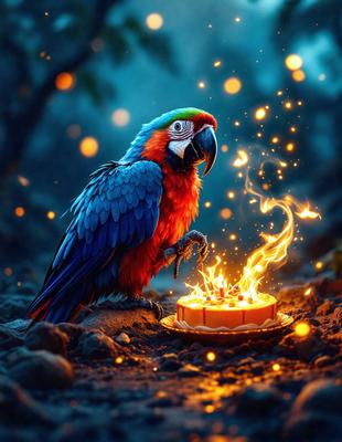 The primary subject of the image is a colorful parrot perched on a rock, with a cake in front of it. The setting appears to be a dark, possibly magical, environment. The visual style is a digital art or illustration, with the parrot and cake being the main focus of the image. The colors and mood are vibrant and lively, with the parrot's vivid colors contrasting against the dark background.