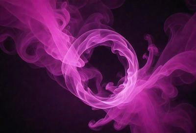 The primary subject of the image is a pink smoke ring, which is the main object, scene, or focus of the image. The setting or background is a dark purple background, which contrasts with the pink smoke ring. The visual style of the image is a digital art or illustration, as it is a creative and artistic representation of the smoke ring. The colors and mood of the image are predominantly pink and purple, giving it a warm and vibrant atmosphere.