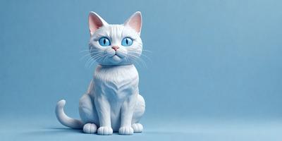 The primary subject of the image is a white cat with blue eyes. The cat is sitting on a blue surface, which could be a table or a wall. The visual style of the image is a digital art or illustration, as it is a well-crafted and detailed representation of the cat. The colors and mood of the image are predominantly blue, creating a calm and serene atmosphere.