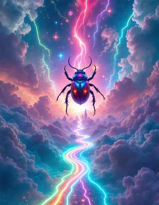 The primary subject of the image is a large, colorful beetle, which is the main focus of the scene. The beetle is flying through a vibrant, rainbow-colored sky, creating a lively and energetic atmosphere. The setting is a cloudy sky, which serves as the backdrop for the beetle's flight. The visual style of the image is a digital art or illustration, showcasing the artist's creativity and skill in depicting the beetle