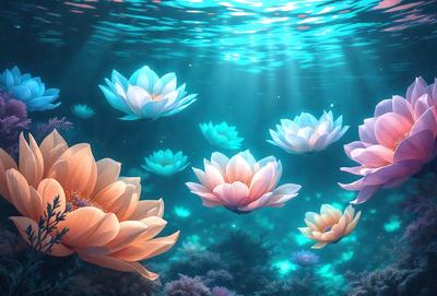 The primary subject of the image is a group of flowers floating in a blue water environment. The setting is underwater, with the flowers appearing to be in a coral reef. The visual style is a digital art or illustration, creating a vibrant and lively atmosphere. The dominant colors are blue and orange, with the blue water and orange flowers creating a striking contrast.