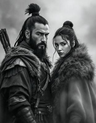 The primary subject of the image is a man and a woman standing next to each other. They are both wearing furs, which suggests a cold or wintery setting. The man has a beard and is wearing a sword, while the woman has a bow and arrow. The visual style of the image is a black and white drawing, which adds a sense of drama and timelessness to the scene. The overall atmosphere of the image is one of adventure and camaraderie between the two characters.