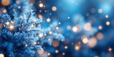 The primary subject of the image is a close-up of a tree branch with snowflakes falling around it. The setting is a blue sky, and the visual style appears to be a photo. The colors and mood of the image are predominantly blue, with the snowflakes adding a touch of white.