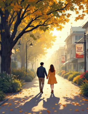 The primary subject of the image is a man and a woman walking down a tree-lined street. They are holding hands, and the woman is wearing a yellow dress. The setting is a residential area with houses and trees in the background. The visual style is a painting, and the colors and mood are warm and inviting.