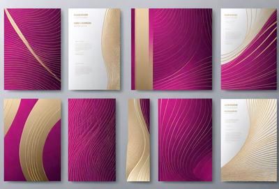The primary subject of the image is a collection of six different book covers, each featuring a unique design and color scheme. The setting is a wall where these book covers are displayed, showcasing the variety of designs. The visual style is a combination of digital art and illustration, as the book covers are presented in a clean and organized manner. The colors and mood of the image are predominantly purple and gold, creating a sense of elegance and sophistication.